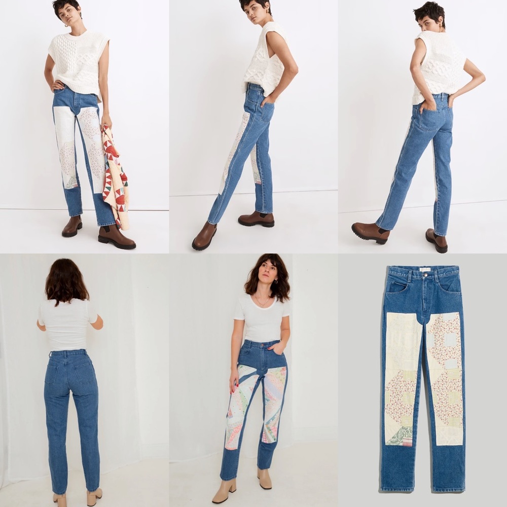 CARLEEN Patchwork Jeans One of a Kind vintage quilt Made in USA straight leg - Picture 6 of 12